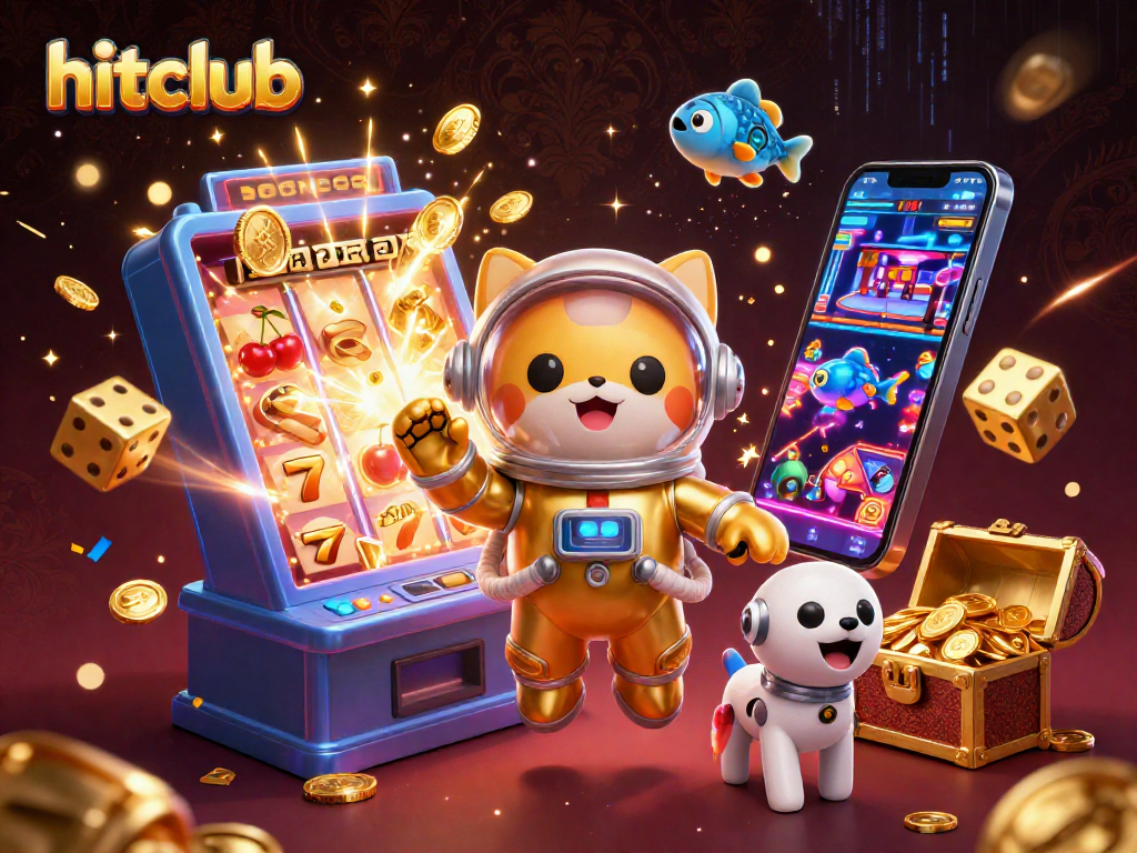 Hitclub's dynamic casino experience illustrated with astronauts, a robot dog, and slot machine excitement.