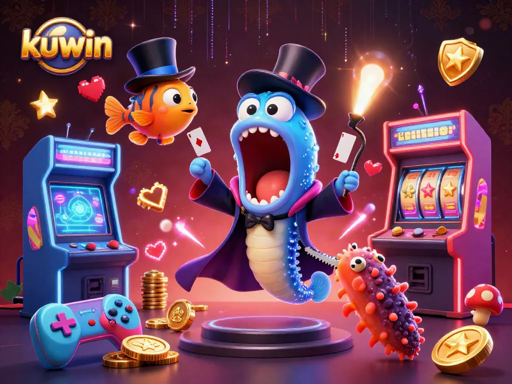 Kuwin engages players with a vibrant gaming scene featuring a magical eel and anglerfish in a casino.