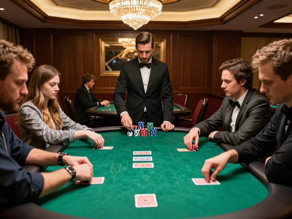 Players engaged in a thrilling poker game at 888top's luxurious casino setting, highlighting strategic gameplay.