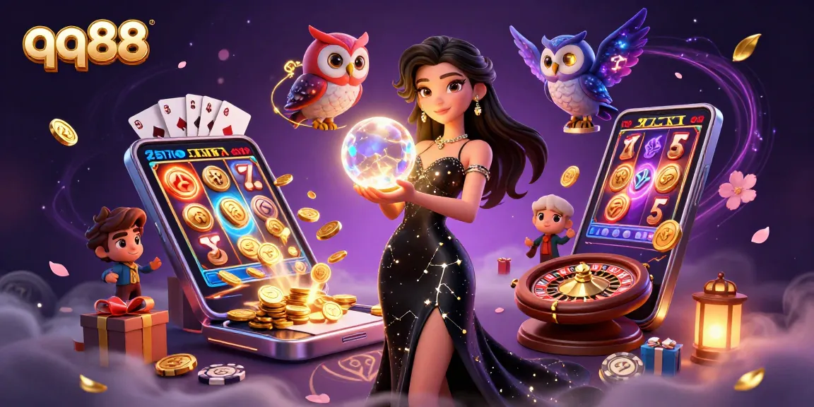 Experience the thrilling magic of qq88 with a mystical casino scene featuring stunning characters and dynamic games.