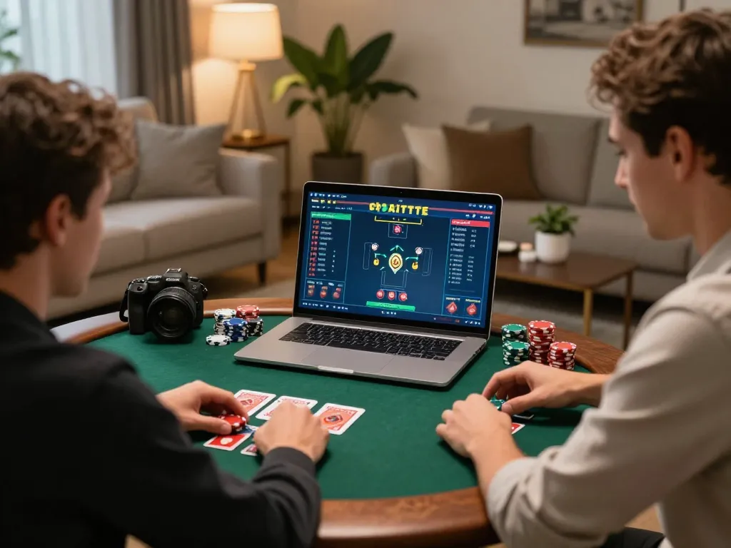 NK88 player strategizing at a poker table in a cozy home setting with laptop game interface.