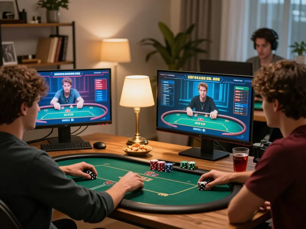 Player engaging in online poker at home while using the xx88 app, showcasing a cozy gaming atmosphere.