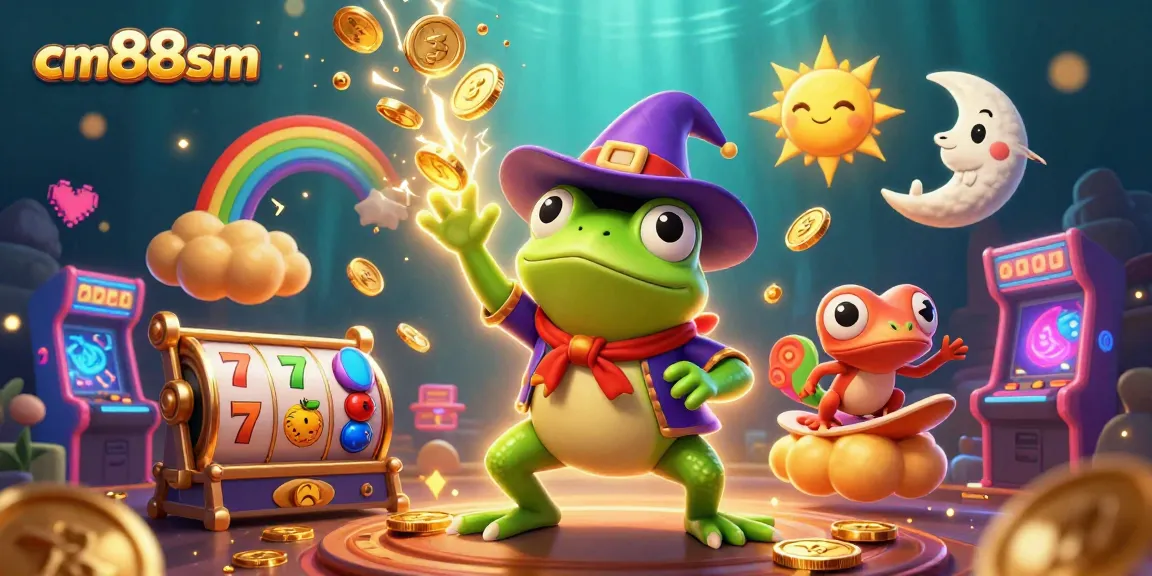 Experience the magic of cm88sm with a dazzling illustration of an enchanting casino scene filled with golden coins and vibrant game elements.