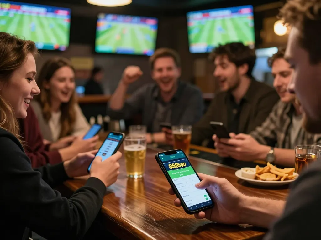 Patron using 888bgo mobile app for sports betting in lively bar atmosphere.