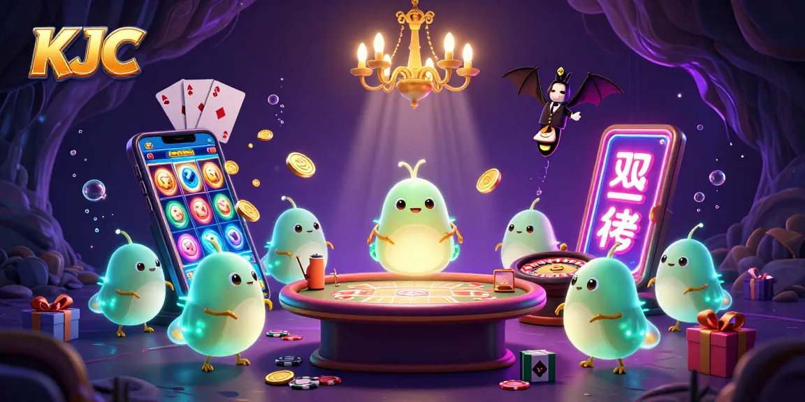 KJC glowworms illuminate a vibrant casino scene, featuring lively gambling elements and a bat dealer.