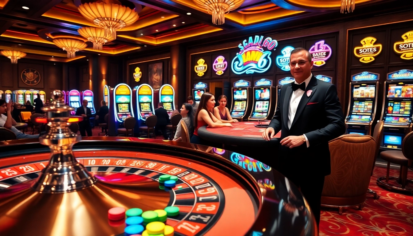 SODO66 casino scene with a vibrant roulette wheel and poker table filled with colorful chips and cards.