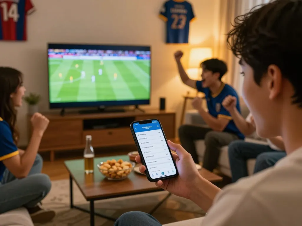 Engaged bettor placing wagers on Bongdallu app during live football match at home