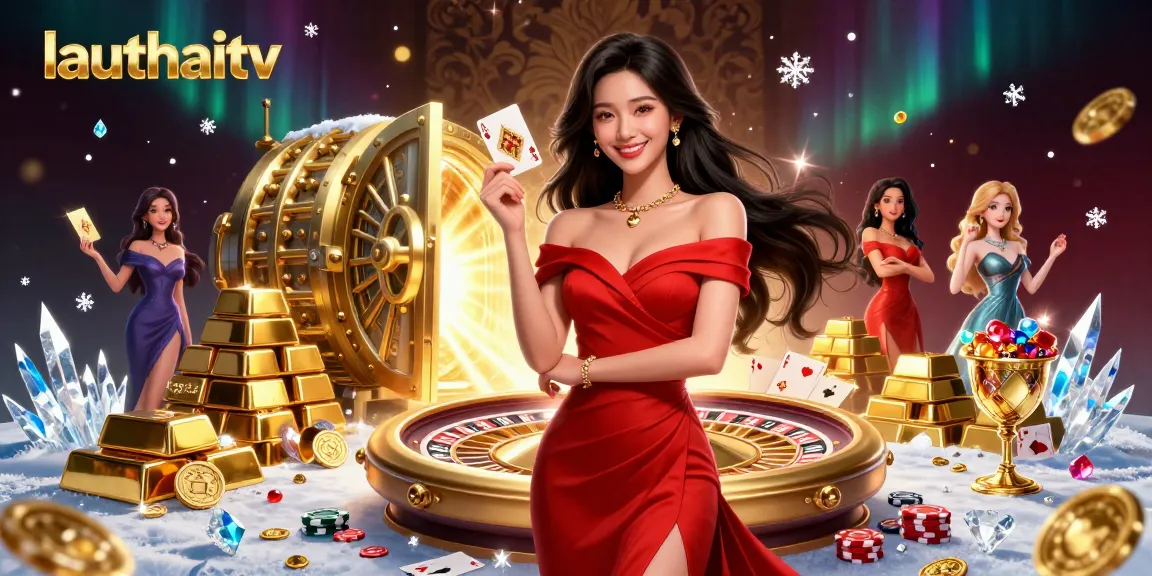 Experience lauthaitv's luxurious casino scene with a confident woman and dynamic gaming elements.