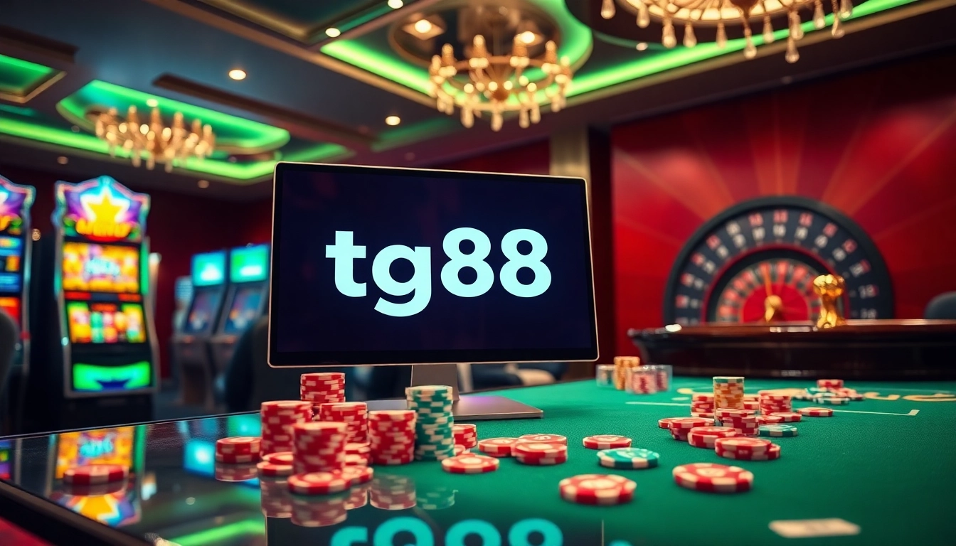Join the action at tg88 casino with a stunning view of the online gaming interface and slot machines.