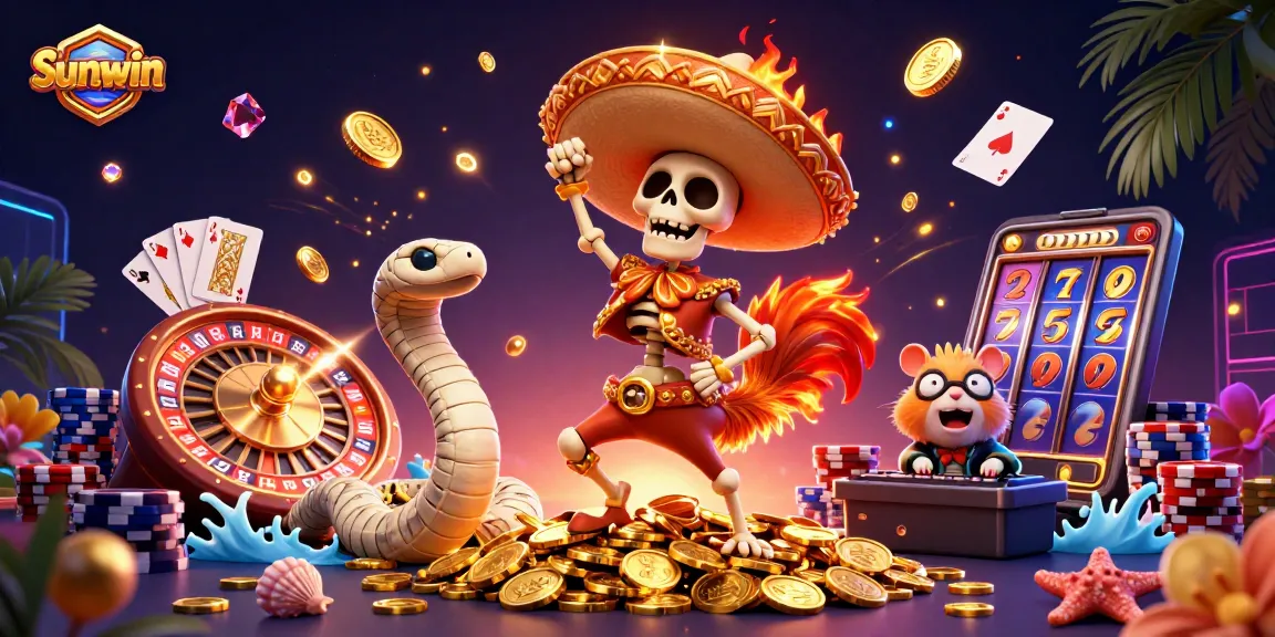 Experience exciting wins at Sunwin with vibrant characters celebrating amid coins and casino games.