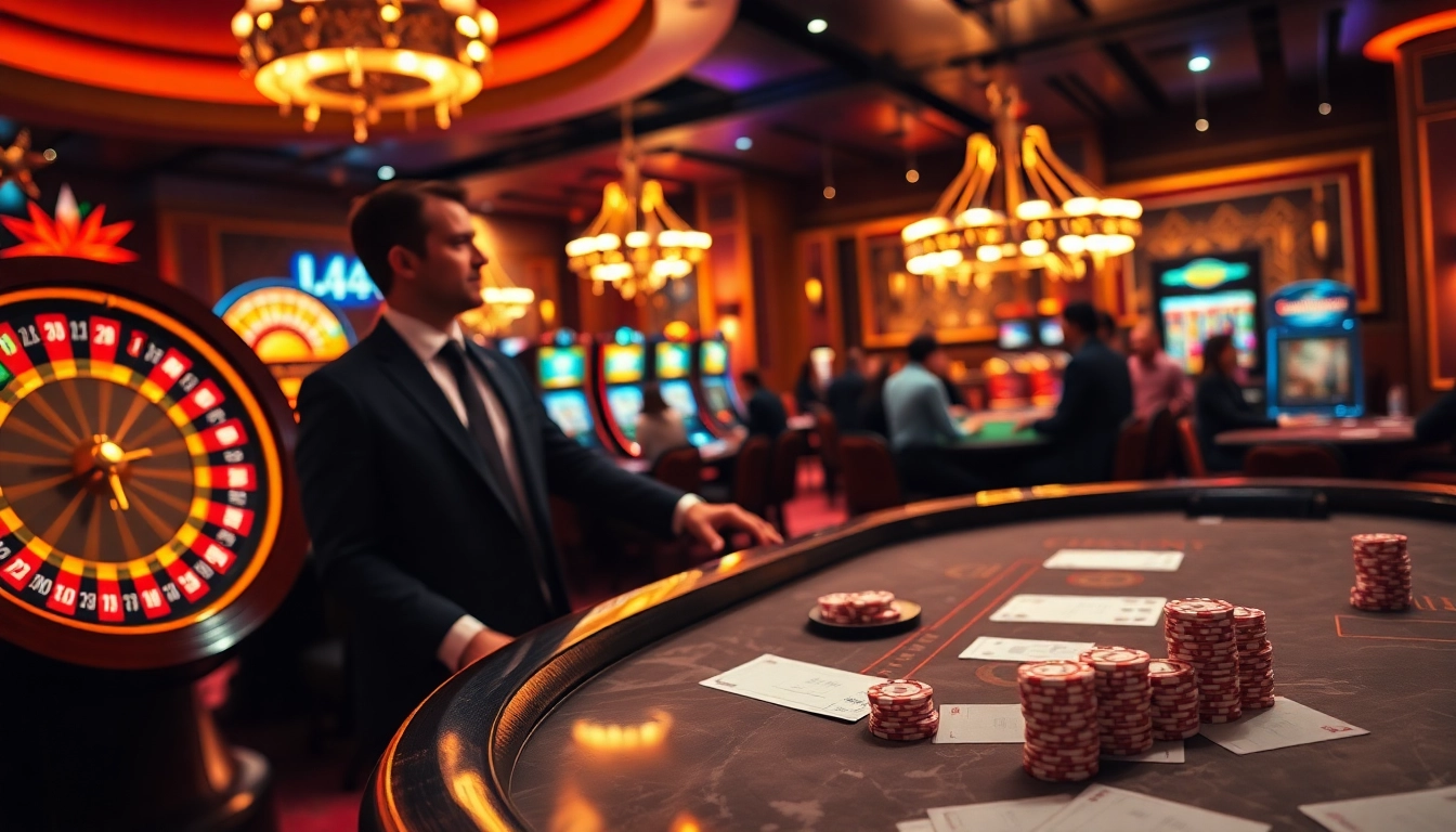 l444 presents a luxurious casino scene with exciting games, vibrant slot machines, and engaging players.