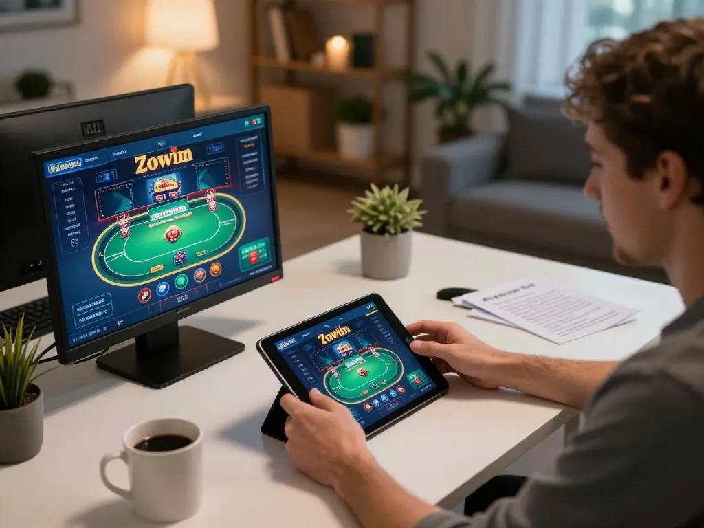 Player engaging with Zowin online casino app, showcasing strategic gameplay and modern gaming setup