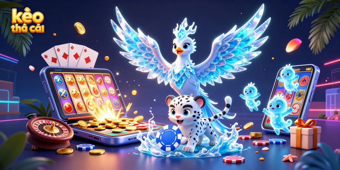 Experience kèo nhà cái with vibrant scene of an ice phoenix, a snow leopard cub, and playful sprites amid casino elements.
