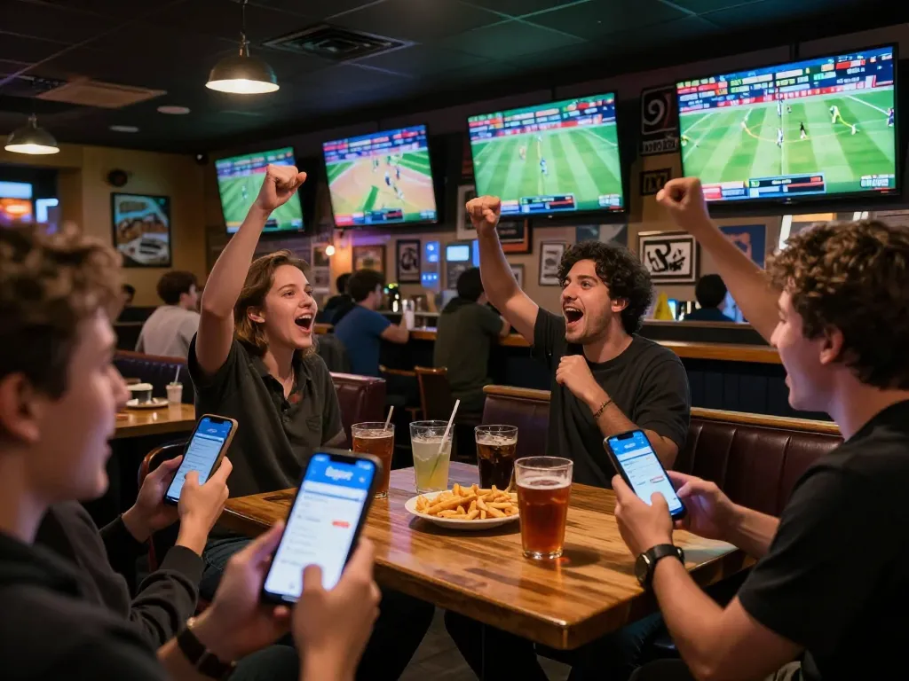 Patrons enthusiastically using the Bsport app for sports betting in a lively bar environment during a game.