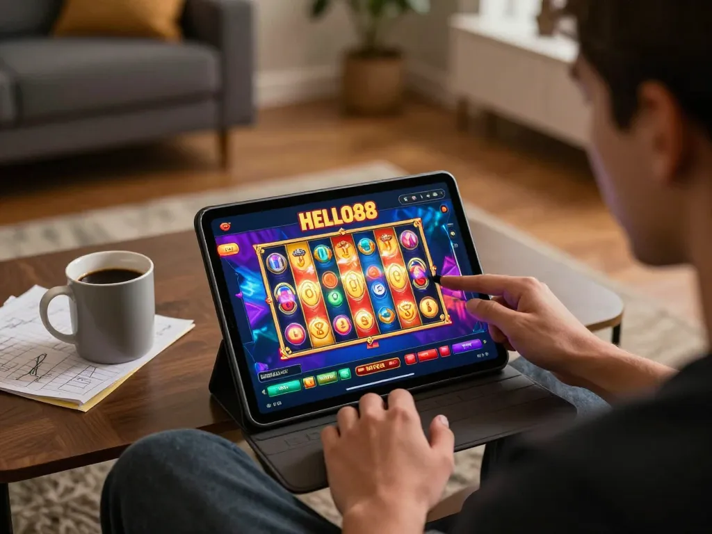 Experience thrilling gameplay at HELLO88 with engaging slot games on a tablet in a cozy setting