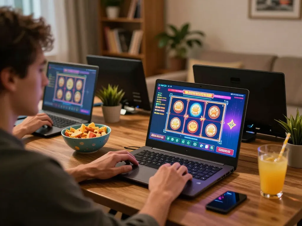 sunwins player enjoying thrilling online slots during a cozy home gaming session