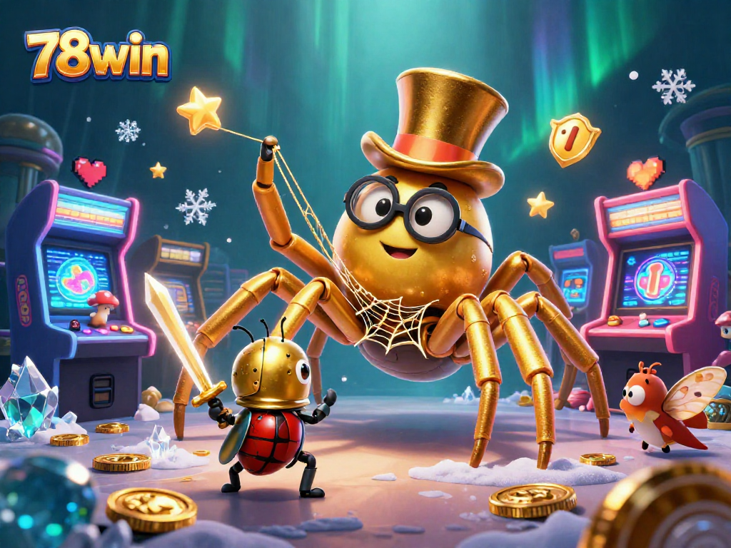 Experience the magical world of 78win with a brave beetle knight facing a golden tarantula in a casino scene.