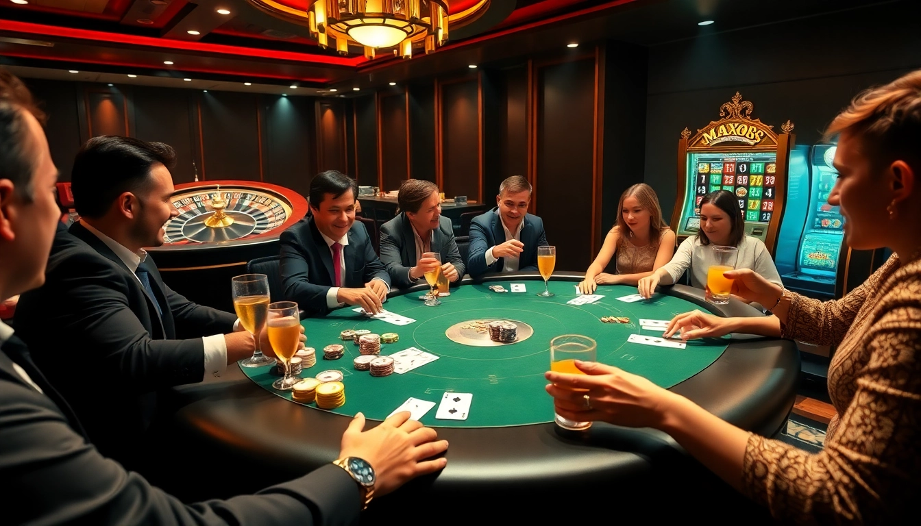 Experience the thrill of gaming at max88 with an exciting casino scene featuring poker, roulette, and slots.
