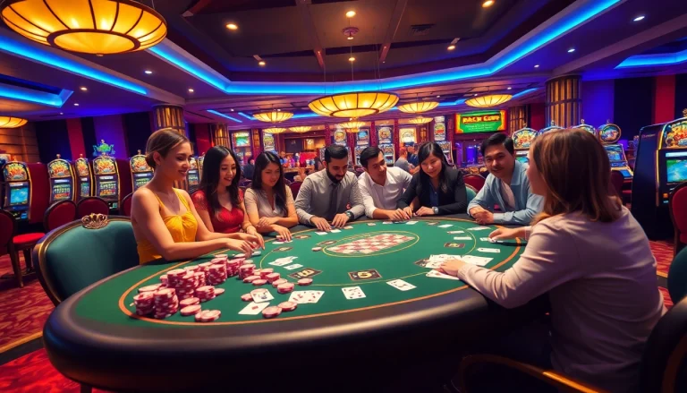 Exciting poker game atmosphere at uu88vn.com with vibrant casino tables and diverse players.
