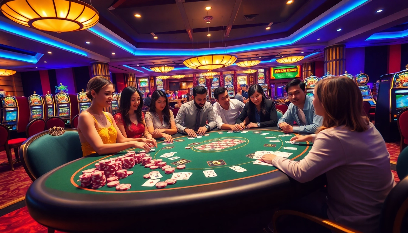 Exciting poker game atmosphere at uu88vn.com with vibrant casino tables and diverse players.