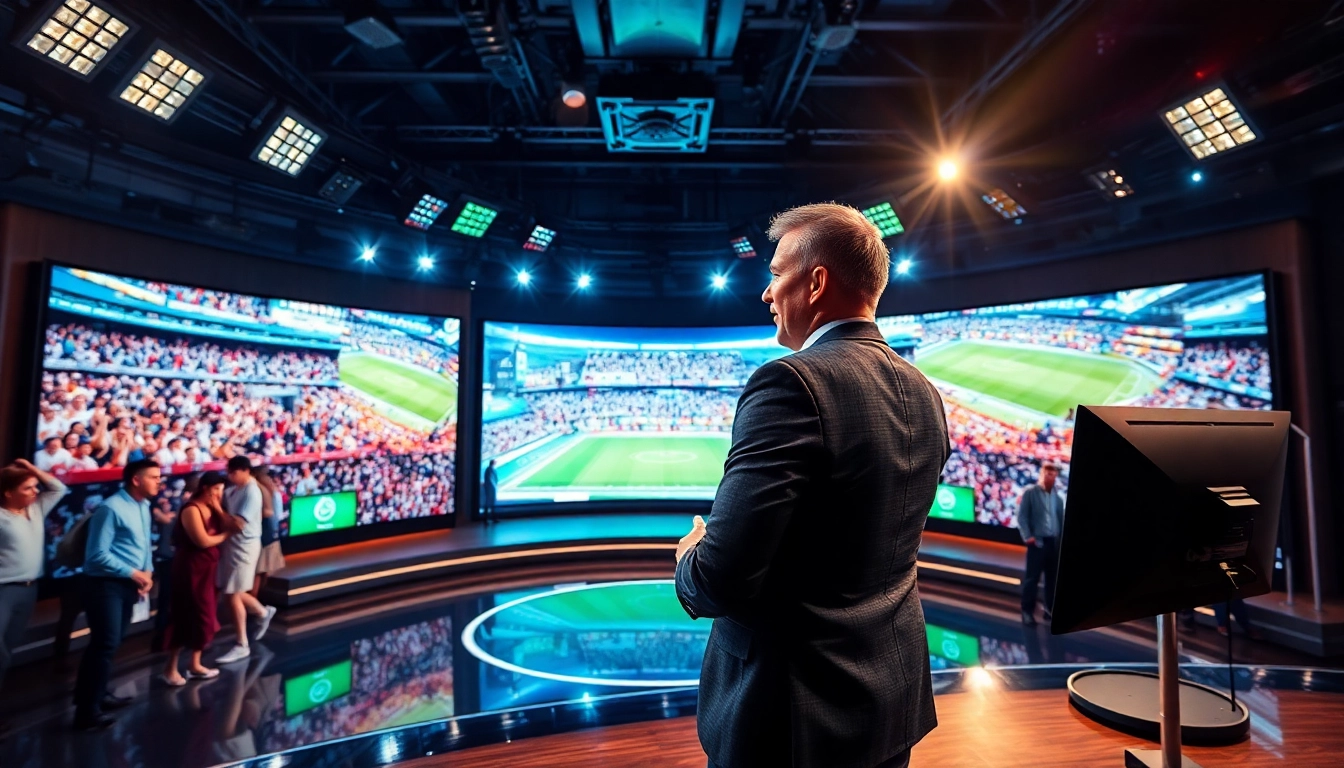 Captivating sports broadcasting studio showcasing an energetic presenter amidst live sports action.