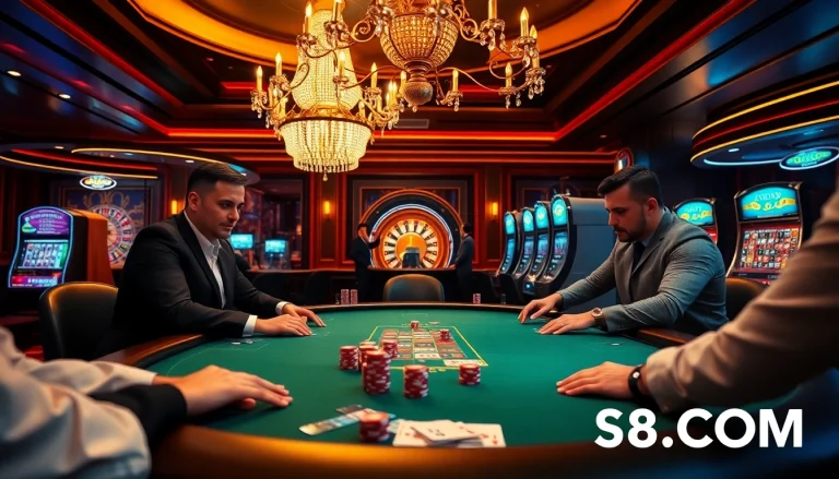 Engage with high-stakes action at S8.COM, featuring a luxurious poker table and elegant casino visuals.