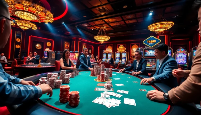 Engaging players strategize at a vibrant casino table in the tr88 game environment.