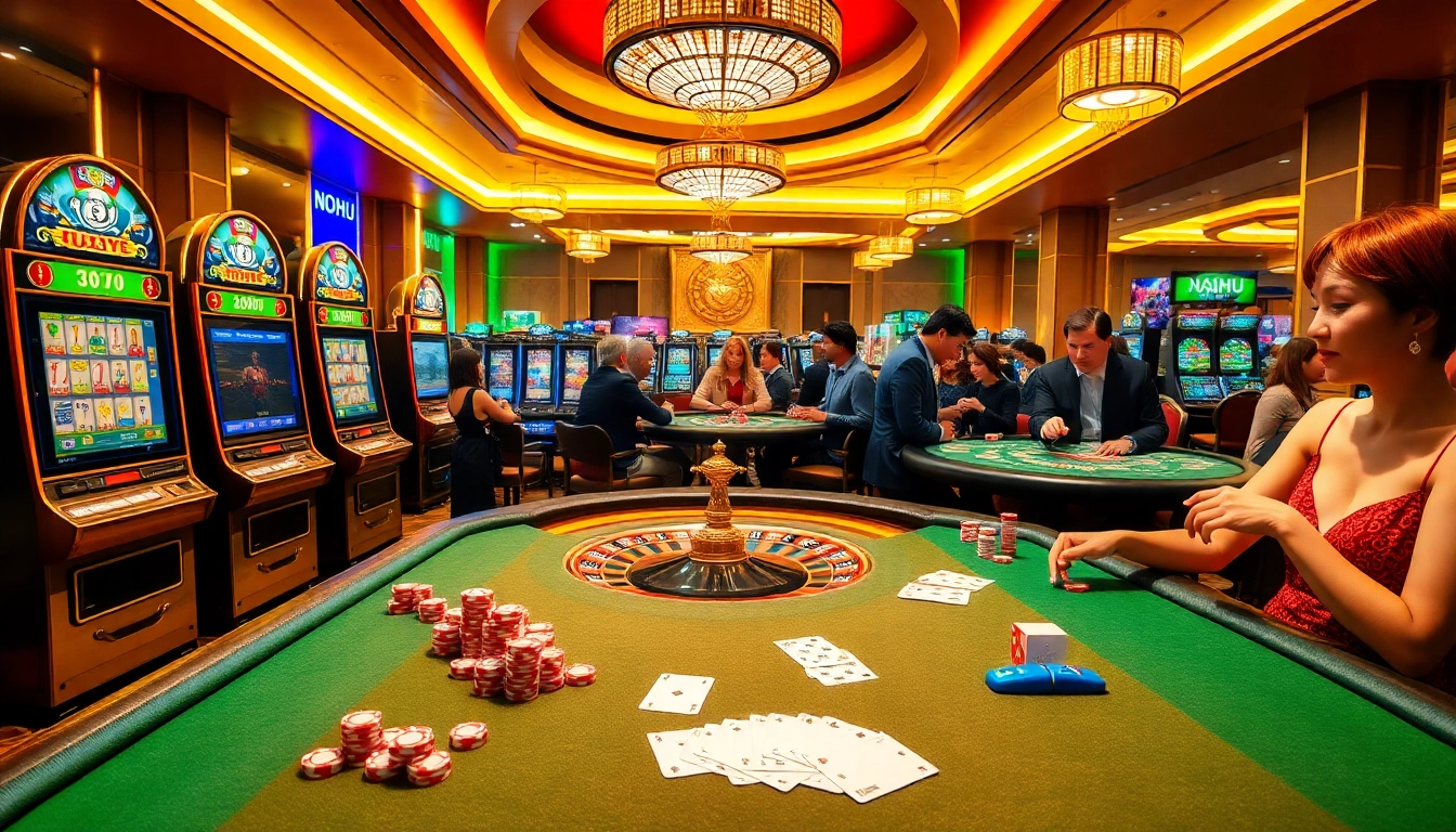 Nohu casino scene with vibrant slot machines and engaged poker players at a thrilling gambling table.