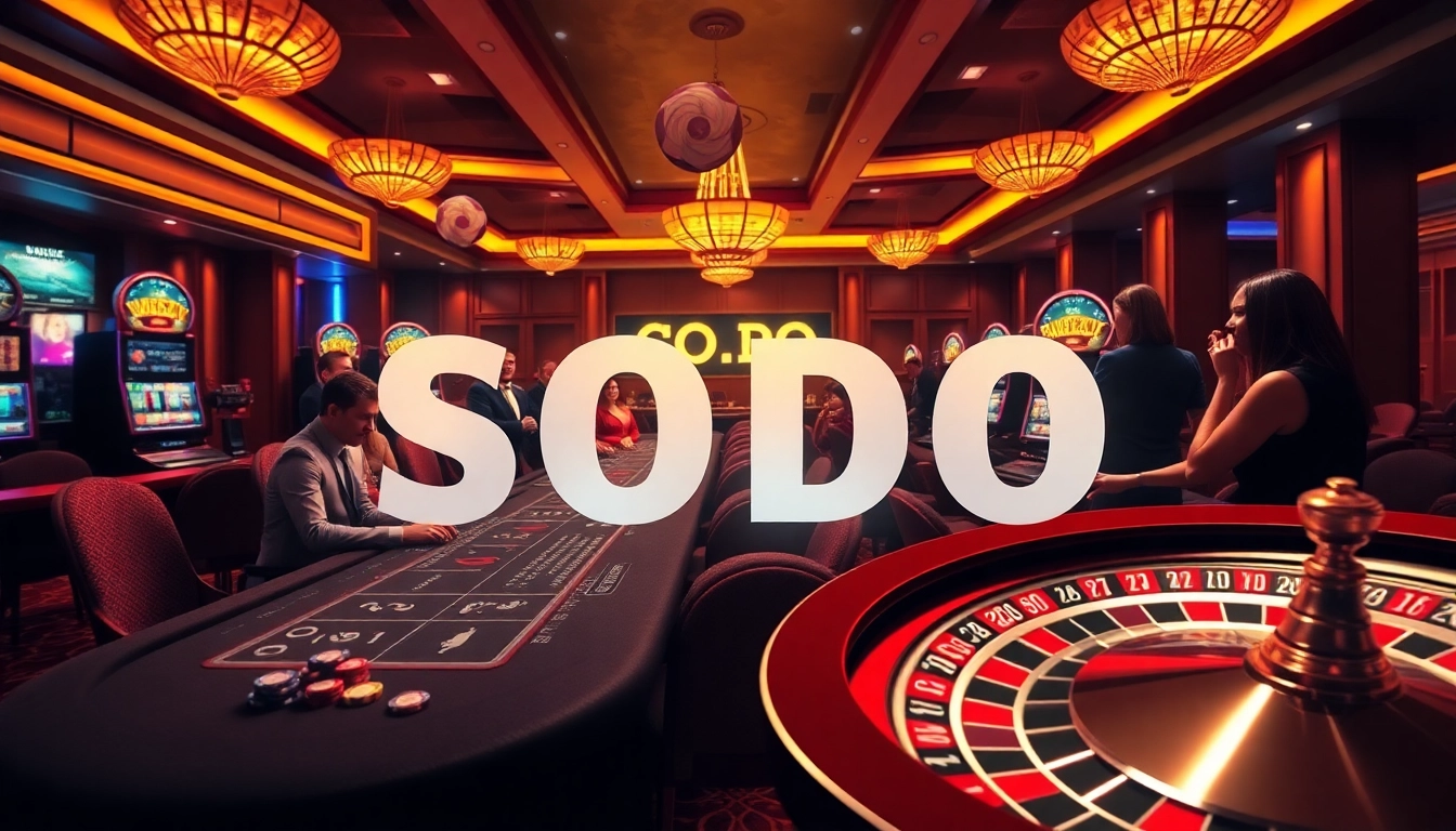 SODO Casino excitement with players at a luxurious table and vibrant slot machines.