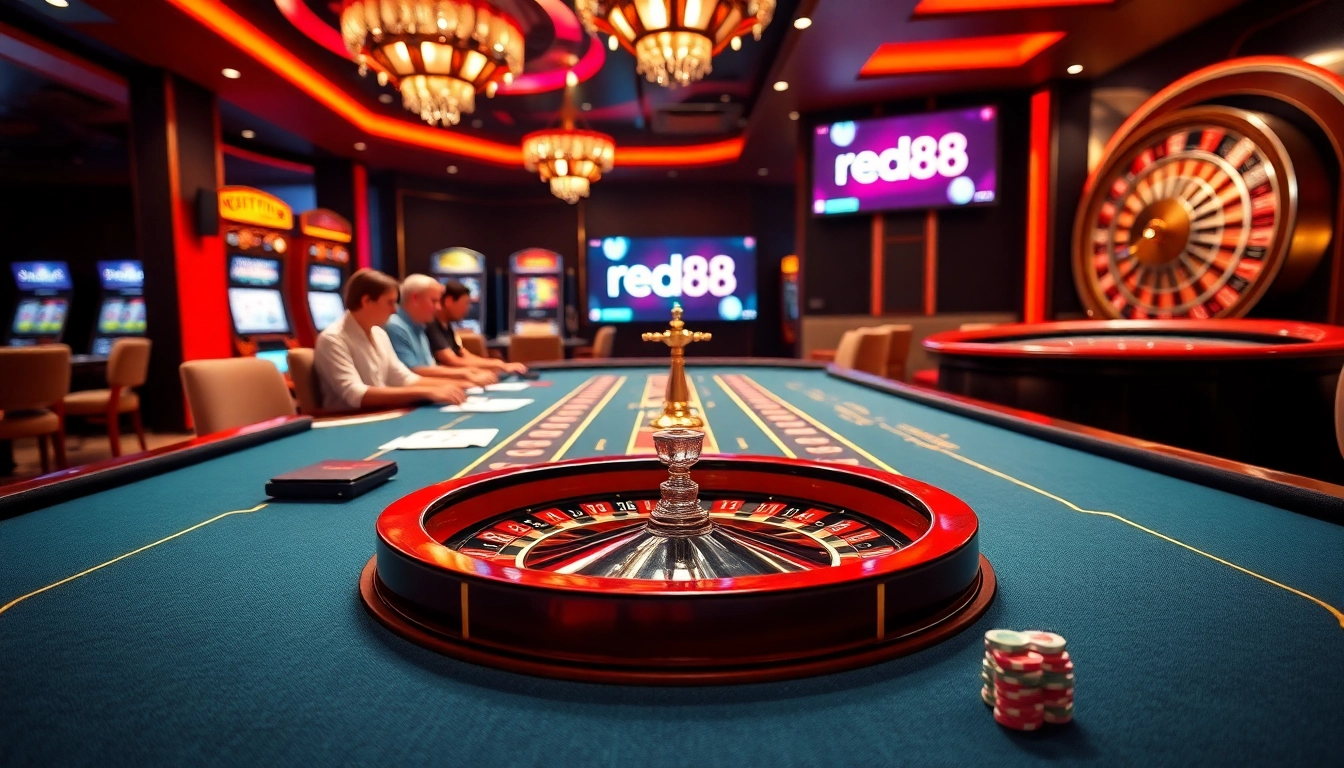 Exciting baccarat action at red88 casino with colorful slot machines and a spinning roulette wheel.