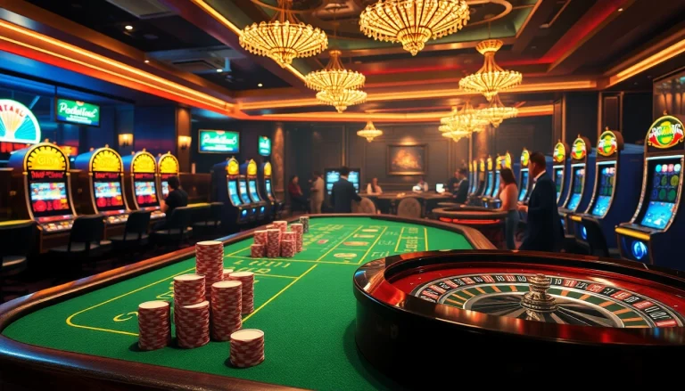 Engaging j88 casino scene with luxurious poker tables and slot machines in a vibrant atmosphere.