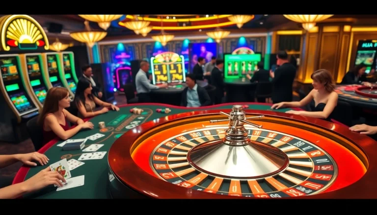 Players enjoying high-stakes games at 888 NEW casino, with vibrant chips and spinning roulette wheels.