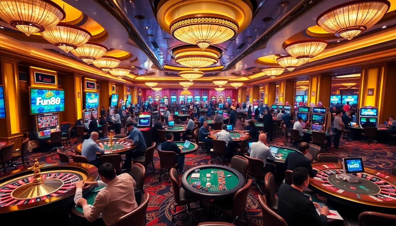 Experience the excitement of the Fun88 link at a vibrant casino scene filled with players and games.