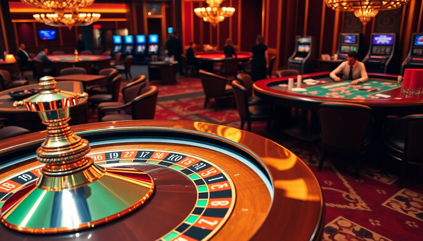 KJC com showcases an exciting casino atmosphere with luxury poker and roulette tables filled with colorful chips.