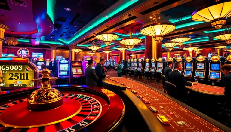 Engage with the dynamic gambling scene at nk88 bio, showcasing players at casino tables and vibrant slot machines.