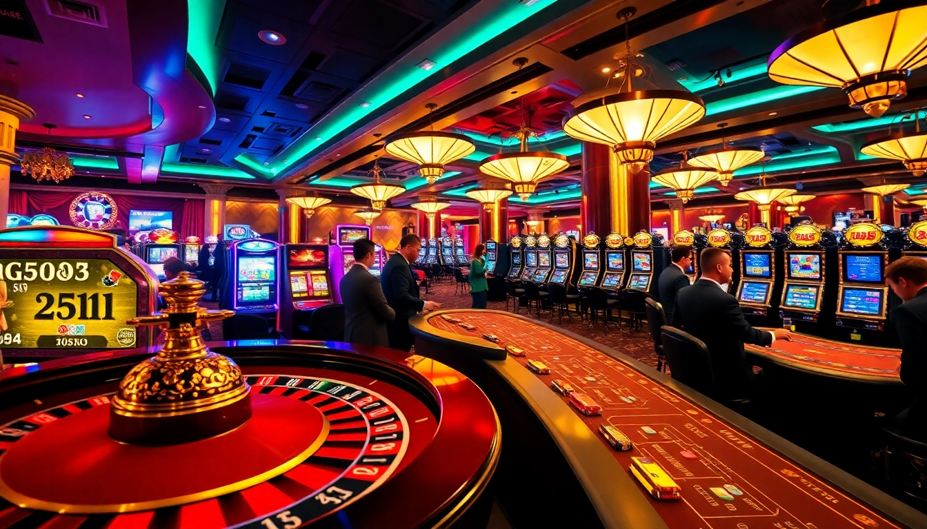 Engage with the dynamic gambling scene at nk88 bio, showcasing players at casino tables and vibrant slot machines.