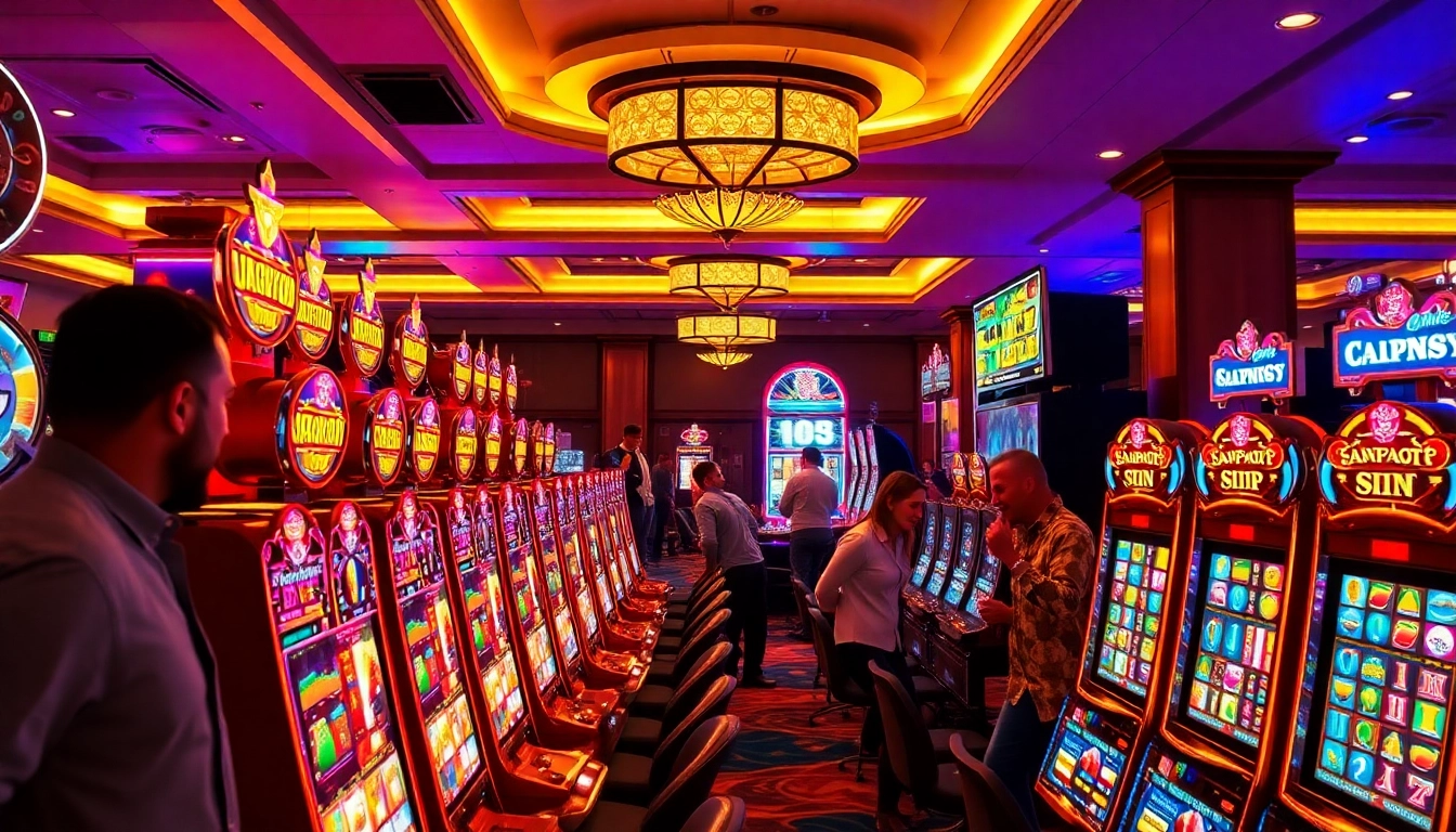 Players engaging with colorful Slot Game machines in a luxurious casino setting.