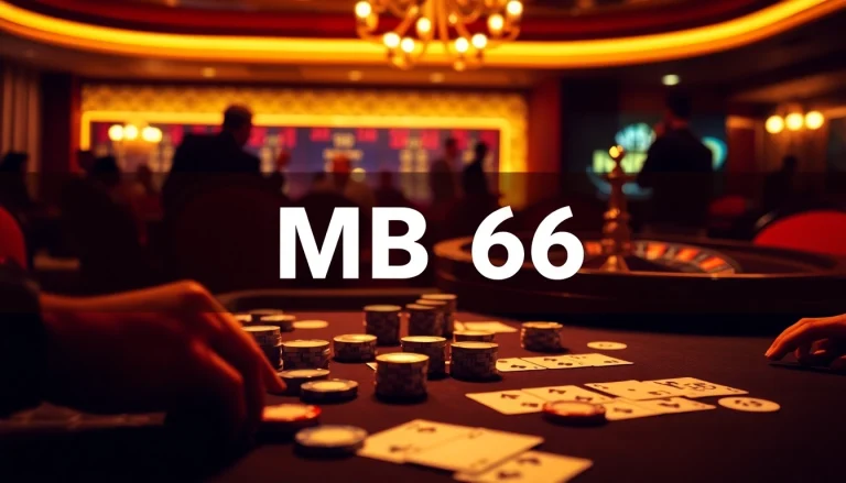 Players engaging in intense poker action at an MB66 casino table, surrounded by chips and cards.