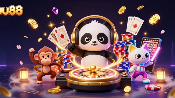 Engage in thrilling play at uu88 with a vibrant 3D casino scene, featuring dynamic characters and glittering game elements.