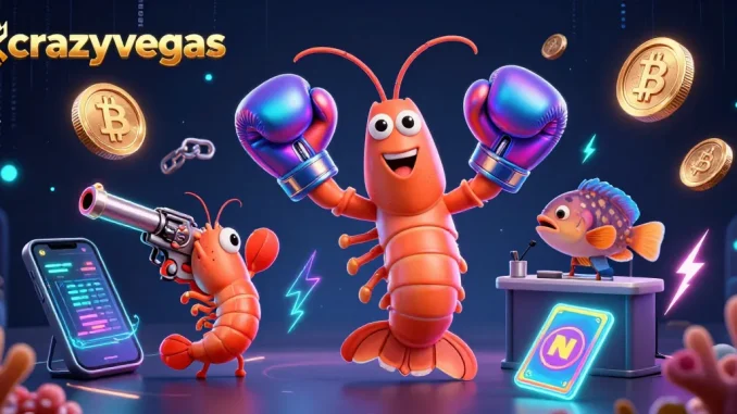 Engage with crazyvegas for a thrilling casino experience with vibrant shrimp characters and cryptocurrency elements.